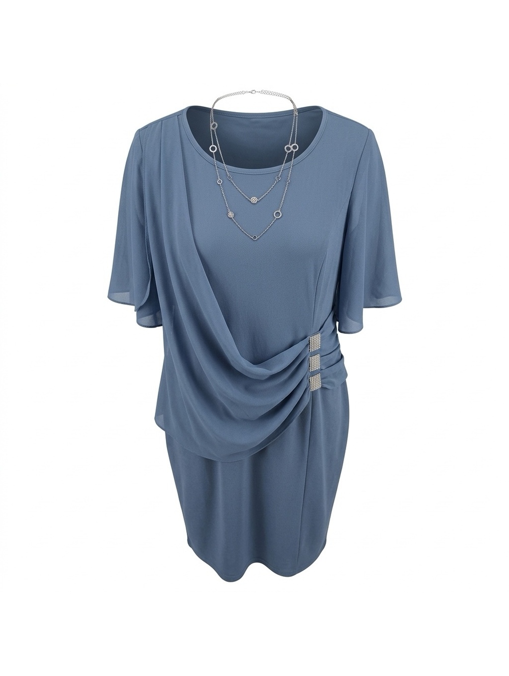 Hanna Nikole Dusty blue draped cape sleeve cocktail dress